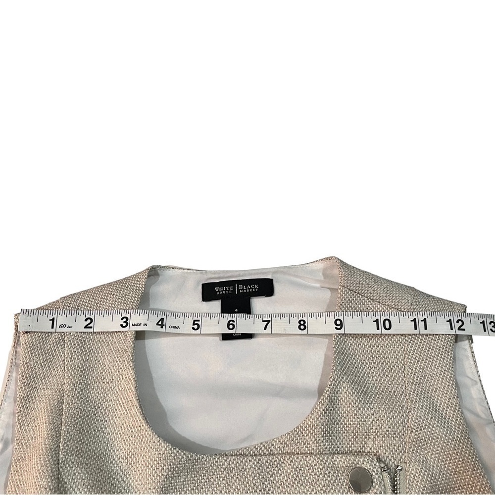 White House Black Market Beige Neutral Tweed Bodice Top Sz 4 Peplum Hem Full Zip - Picture 14 of 15